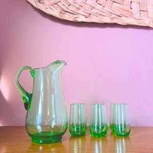 Vintage Lime Green Glass Cocktail or Juice Serving Set Pitcher and 6 Glasses